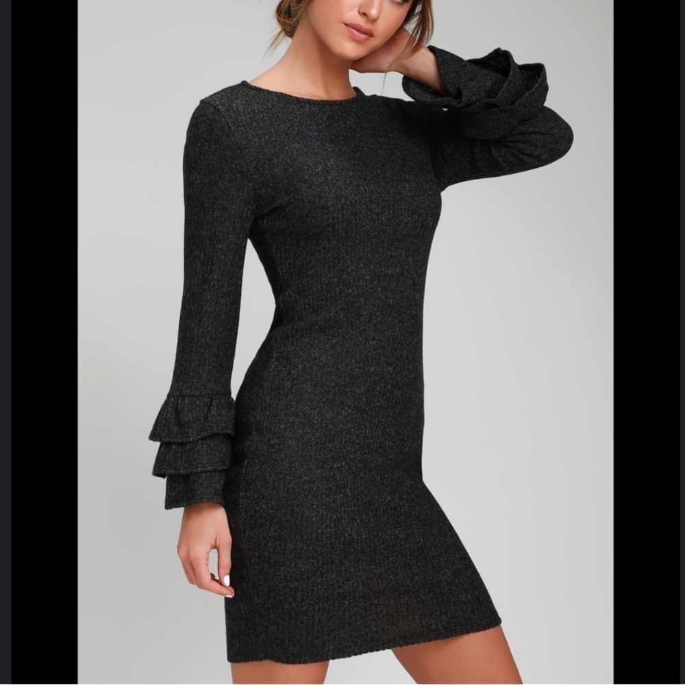 Women’s Gray Long Sleeve Flare Midi Bodycon Lulu’s Sweater Dress Large - Picture 13 of 13